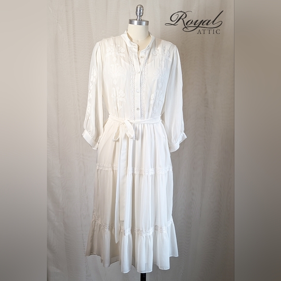 Karen Kane Ivory White Embroidered Chiffon Boho Long Sleeve Maxi Shirt Tie Dress - Picture 3 of 10